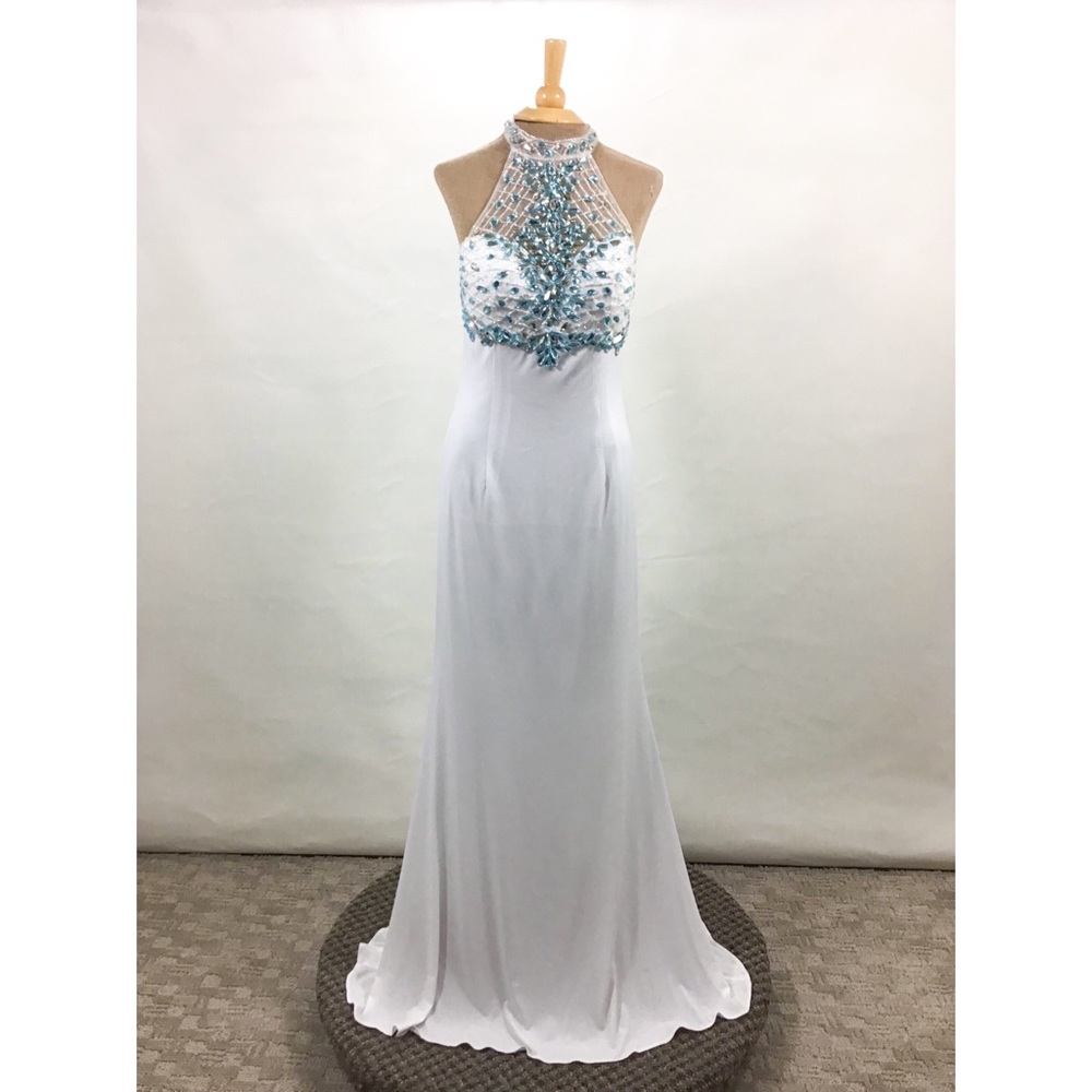 Crowning Touch | White Blue Rhinestone Formal Gown